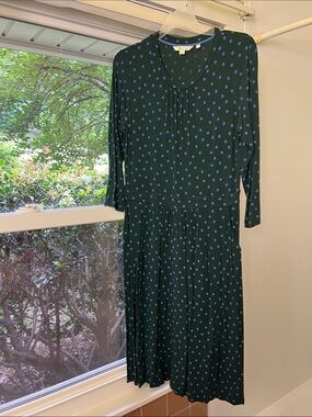 Boden Dark Green Dress with Blue Polka Dots — Long Sleeve